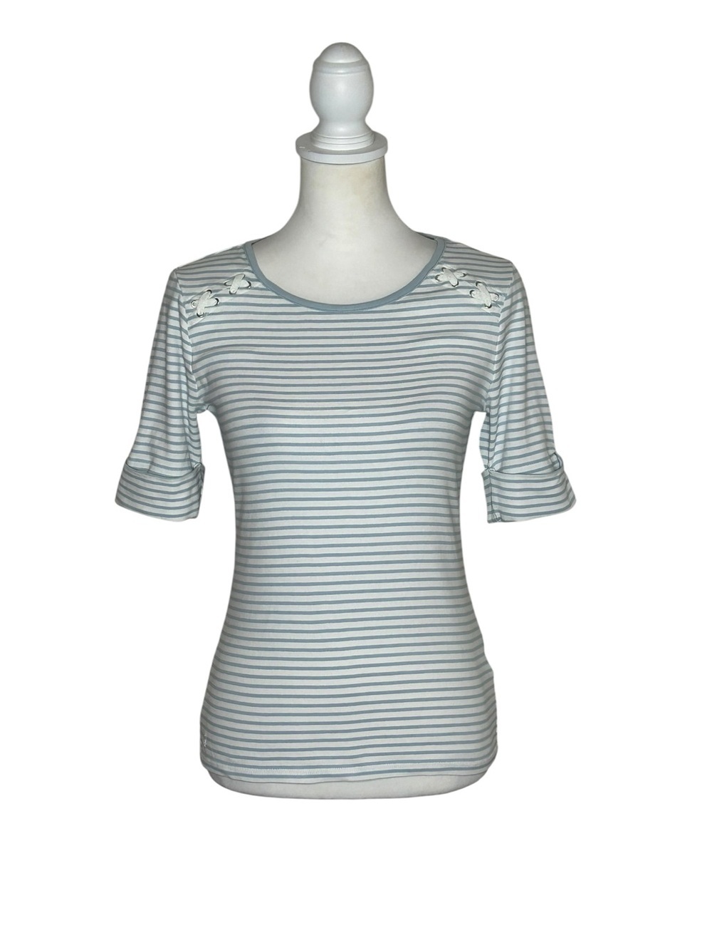 Lauren Ralph Lauren Light Blue White Striped Short-Sleeve Top EUC Sz L Preppy